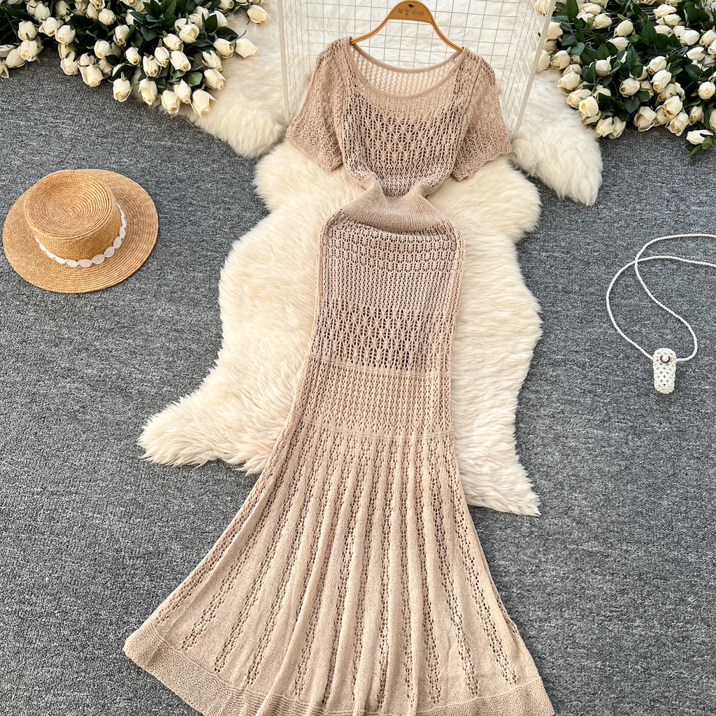Women Hollow Knitted Dress Summer Flower Short Sleeved Fishtail Bodycon Dress with Camisole Dresses Vintage Party Long Robe