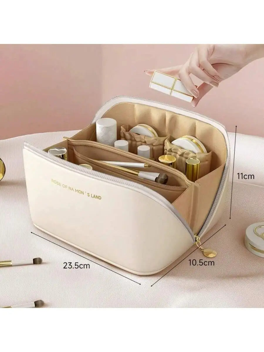 PU Leather Waterproof Cosmetic Bag, Portable Cosmetic Bag, Cosmetics Storage Bag, Large Capacity Spacious Double-Layer Makeup Bag, Suitable For Cosmetics, Skin Care Products, Cosmetic Storage And Storage.