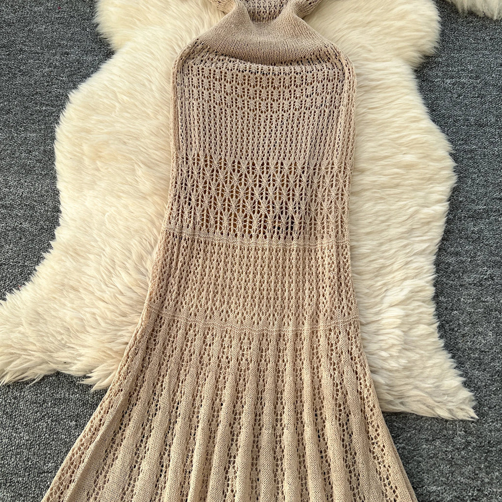 Women Hollow Knitted Dress Summer Flower Short Sleeved Fishtail Bodycon Dress with Camisole Dresses Vintage Party Long Robe