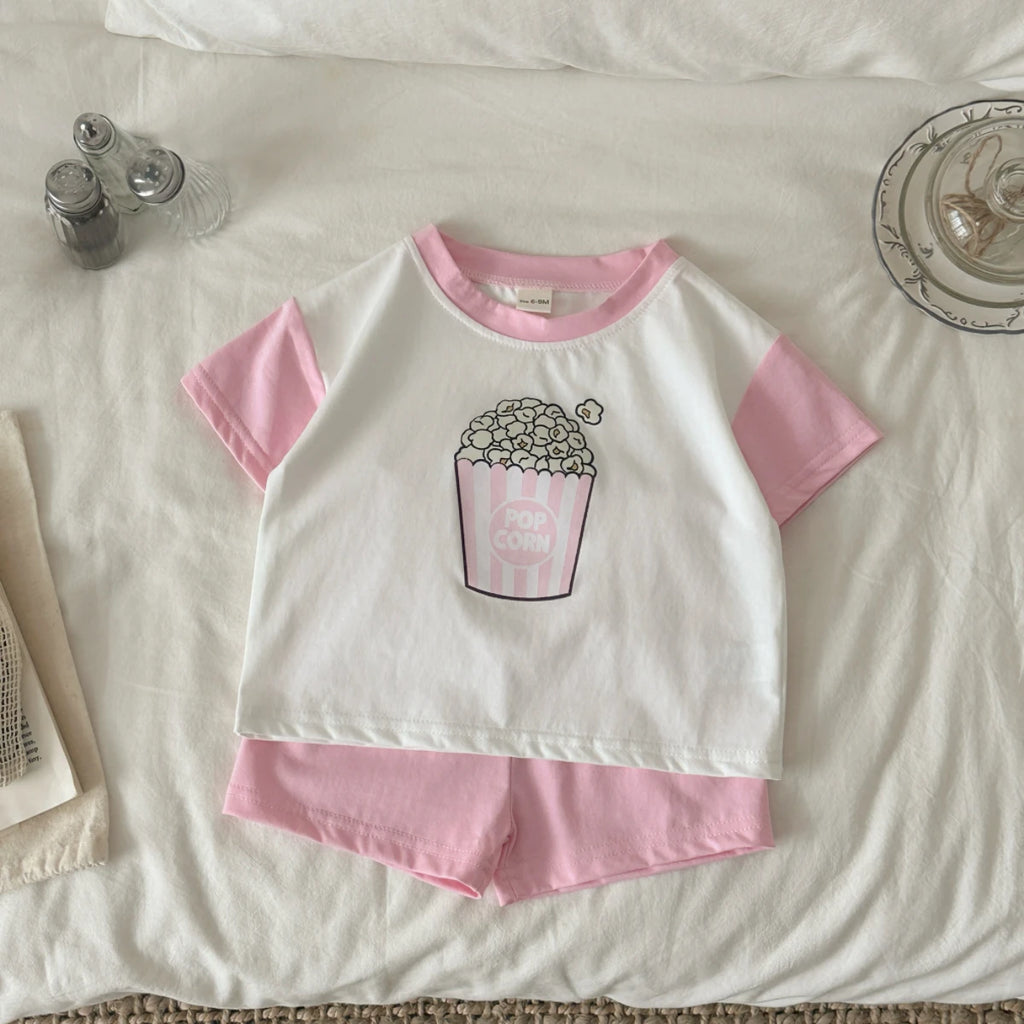 Infant 2PCS Summer Baby Girls Clothing Casual Newborn Set Cotton Popcorn Printed Short Sleeved T-shirt+Shorts