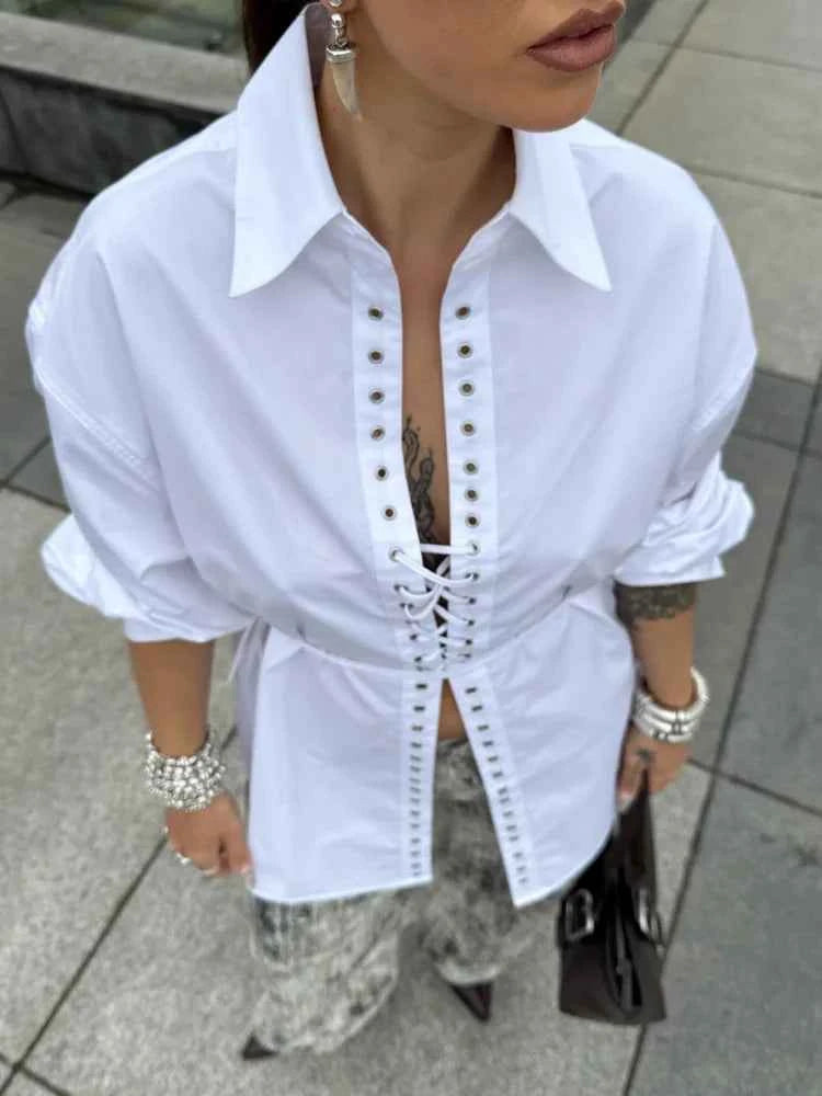Fashion Lapel Long Sleeve Shirts & Blouses For Women Autumn Weave Drawstring Blouse Lady Holiday Street Chic Tops Ropa De Mujer