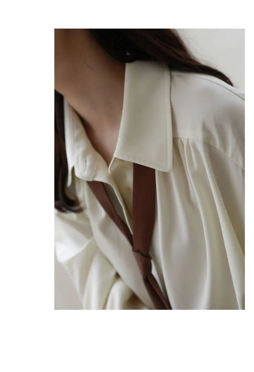 2026 Summer Women's Oversized Long Sleeve Blouse 2026 Summer New Arrival Tie Neck Shirt Loose Fit Office Elegant Fashion