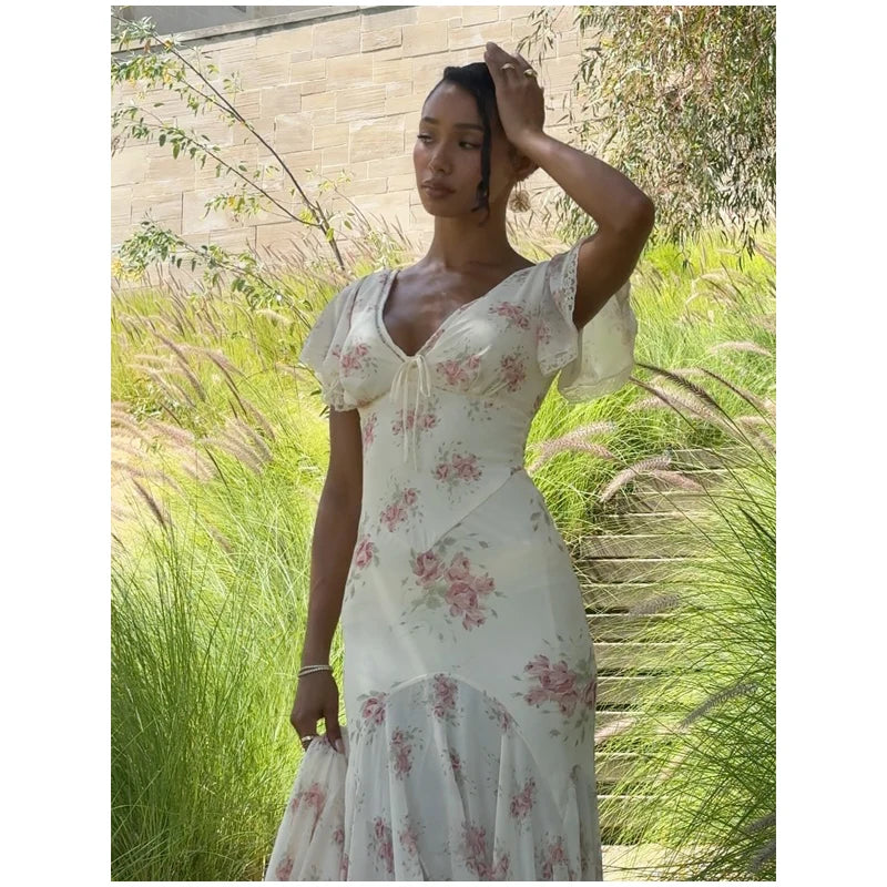 Women Elegant Printed Fishtail Dress Sexy V-neck Short Sleeve Waist-cinching Pleated Slim Maxi Dresses 2026 Lady Vacation Robe