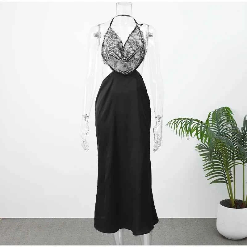 Black Lace Patchwork Satin Backless Dress Women Sexy Strapless Off-Shoulder Maxi Fishtail Dresses 2026 Lady Chic Party Vestido