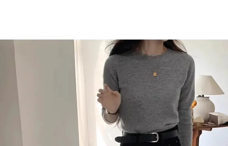 100% pure cashmere sweater women's round neck pullover long sleeve sweater loose short soft waxy knit bottom sweater