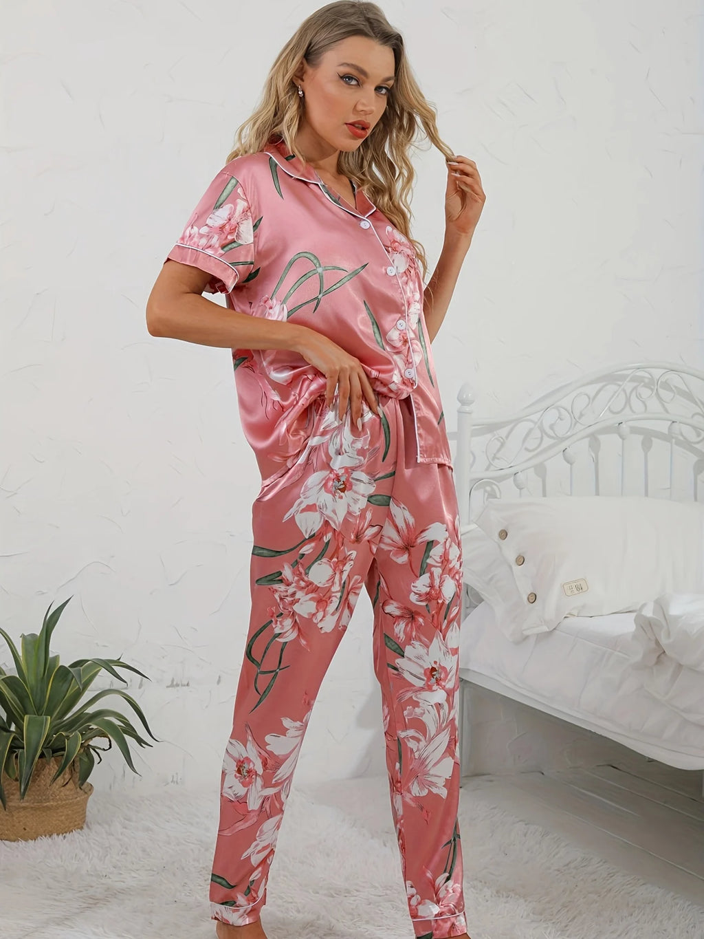 Floral Print Satin Pajama Set Smooth & Comfort Short Sleeve Button Lapel Top & Cozy Long Pants Women's Loungewear & Sleepwear