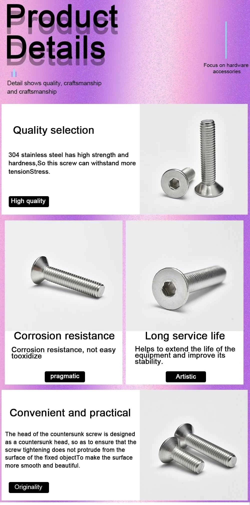 304 Stainless Steel DIN7991 Countersunk Head Hex Socket Screws Bolt Allen Thread Machine Metal Screws M2 M2.5 M3 M4 M5 M6 M8 M10