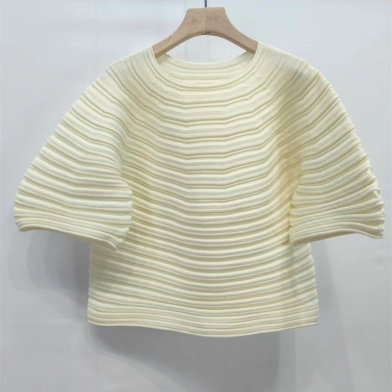 LANMREM Casual Pleated Texture Round Neck Half Sleeve Thick Wome's T-shirt Chic New Knitwear Fashion Pullover Top Chic 2DB5036