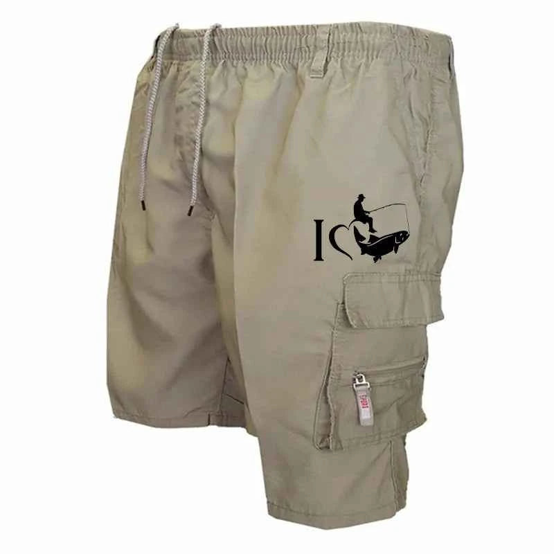 Trendy Mens Bib Shorts Casual Loose Shorts Funny I Love Fishing Printed Drawstring Pocket Shorts Summer Mens Shorts