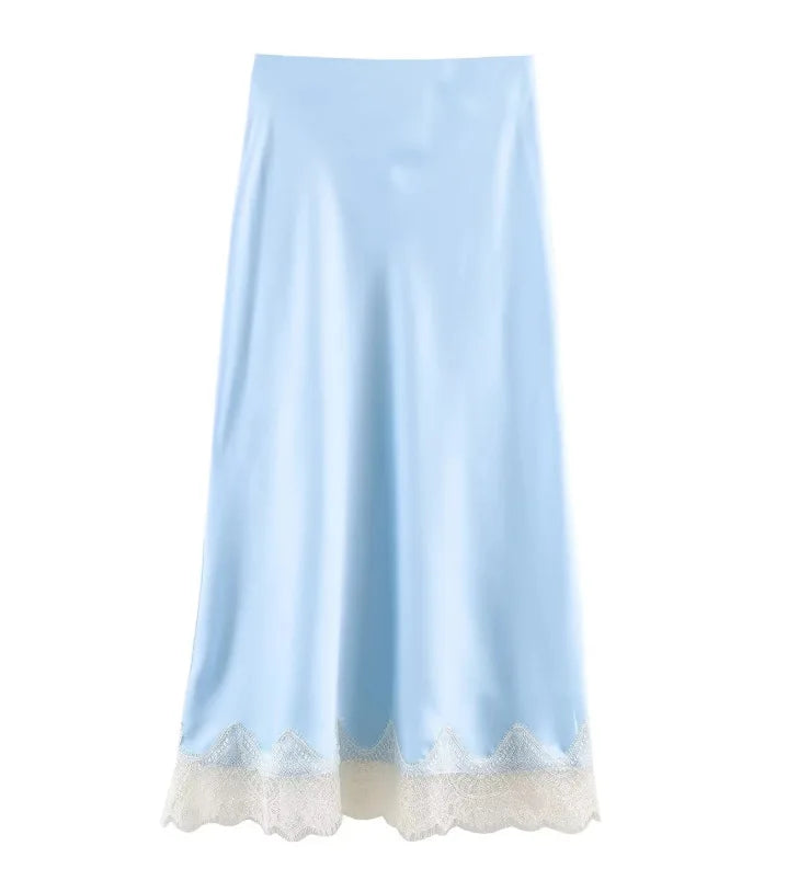 SAW Independent Station Sexy Lace Patchwork Satin Feel Mini Skirt Autumn Fashion Trendy Polyester Fiber Long A-Line Skirt