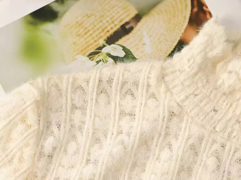 Lace Half Turtleneck Knitted Sweater Women Fall Winter Thick Warm Long Sleeve Pullover Korean Chic Slim Hollow Out Jumper New