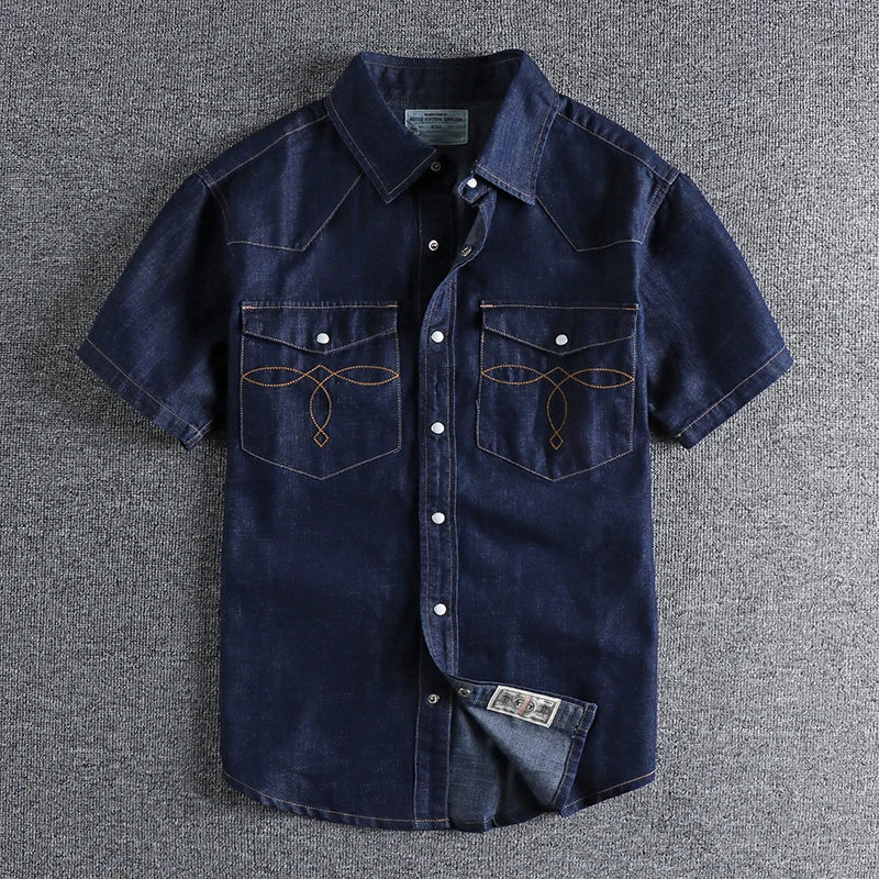 Summer New American Retro Short Sleeve Lapel Denim Cargo Shirt Men's Fashion Pure Cotton Washed Old Multi-pocket Casual Blouses