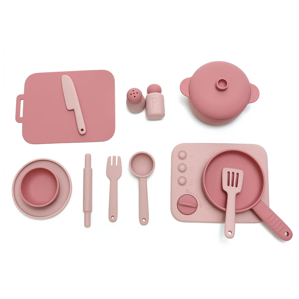 Kids Pretend Play Kitchen Toys, Food-Grade Silicone Dish Set, Realistic Mini Cooking Toys with Bowls, Plates, Pots for Toddlers