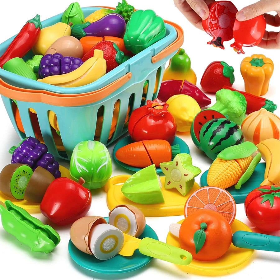 Kids Kitchen Pretend Play Food Toy Set with Cutting Features Random Fruit & Vegetable Accessories Storage Basket & Plastic Dishe
