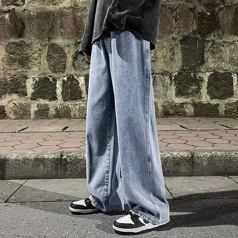 New Streetwear Loose Jeans Men Korean Style Fashion Loose Straight Wide Leg Pants Men's Brand Clothing Black Light Blue