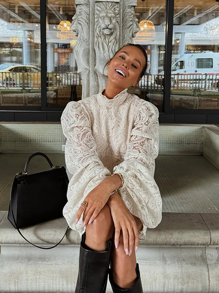 White Lace Dresses Elegant Solid Flared Sleeve High Neck Slim Pleat Mini Women Dress 2026 New Fashion Club Evening  Party Robes