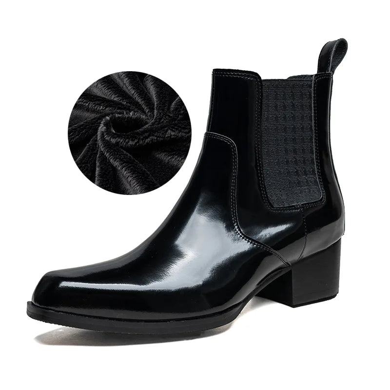 Autumn Winter New Mens 5 CM High Heels Warm Genuine Leather Ankle Boots Shoes Men Business Dress Work Boots Black Wedding Shoes