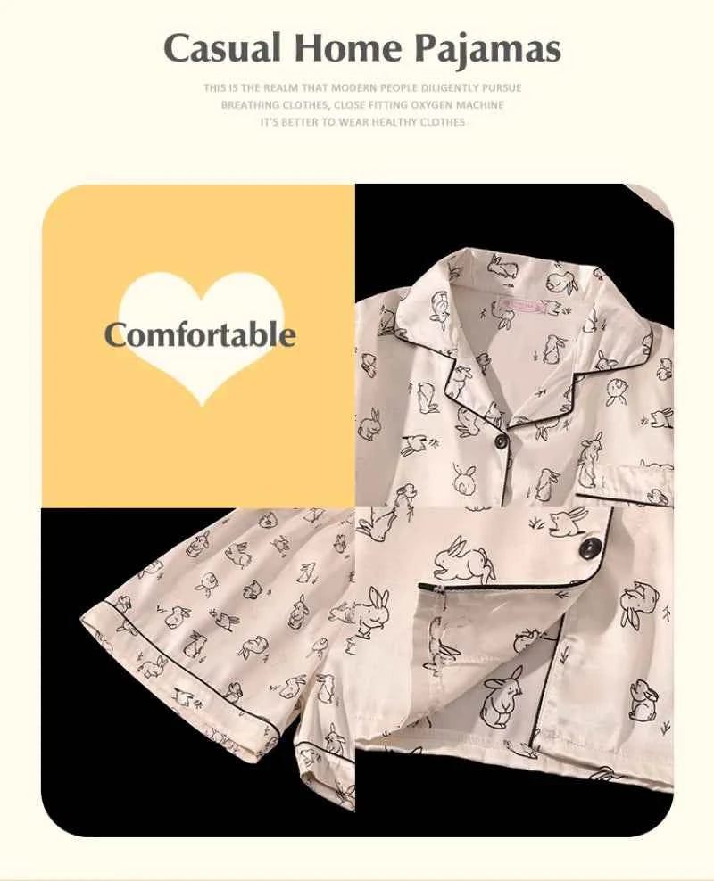 Rabbit Print Sleepwear Women Pajama Sets Korean Style Summer Piiama 2 Pieces Night Wears for Sleeping Student Cute Home Suit