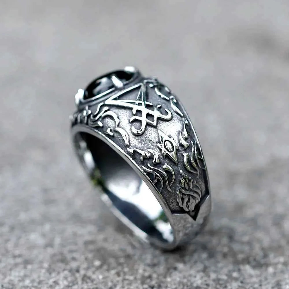 2023 New Updated Design Lucifer Satan Signet Ring For Men With Black Stone Stainless Steel Vintage Jewelry Gift free shipping