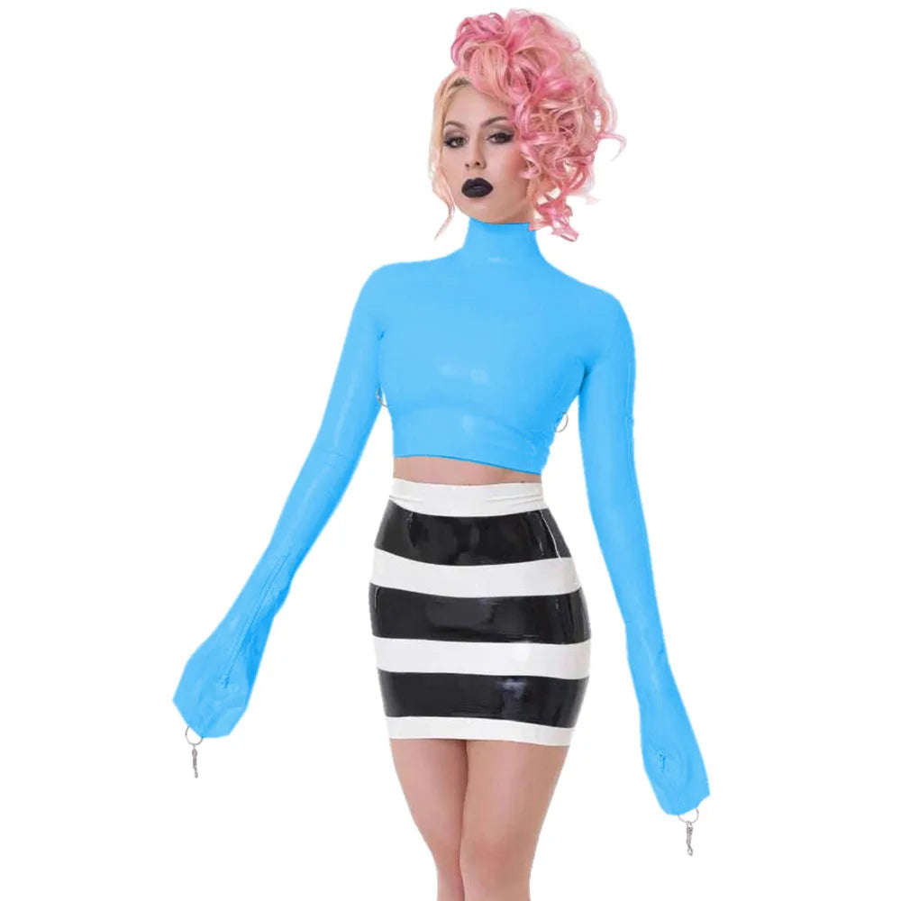 Sexy Crop Tops with Finger High Neck, Slim Skinny Leather, PVC Short Shirts, Vinyl Sexy Top with Lock Key, Club Night