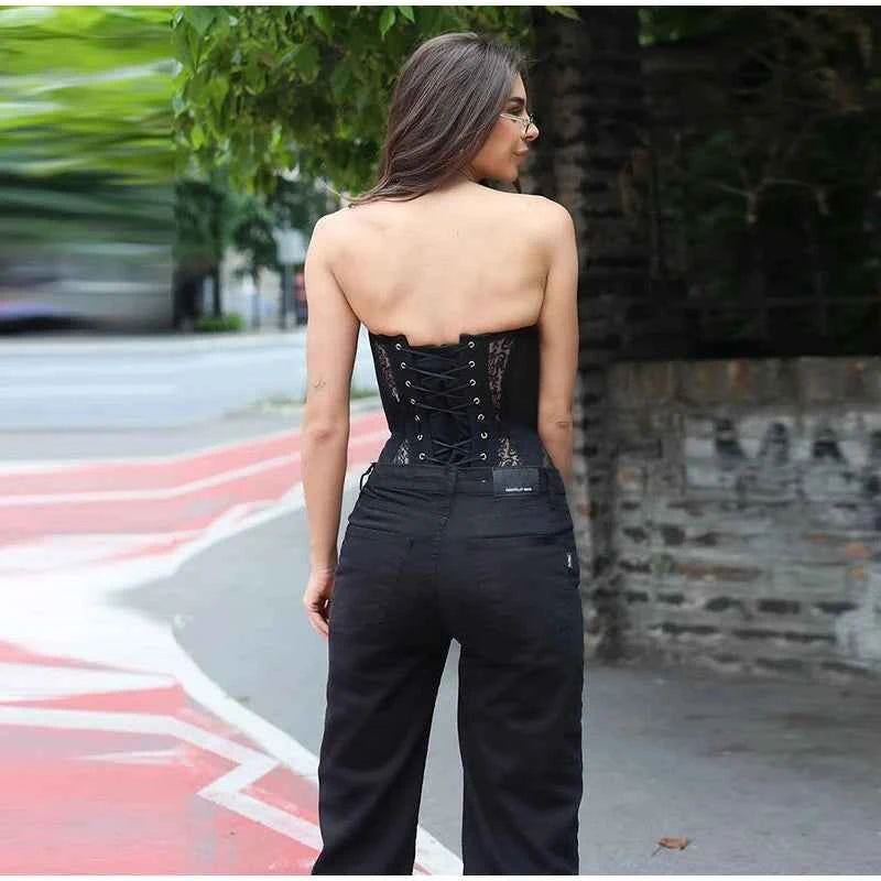 Sexy Women Black Lace Corset Vest Fashion See Through Hollow Out Strapless Top Chic Autumn 2025 New Party Lady High Street Vests
