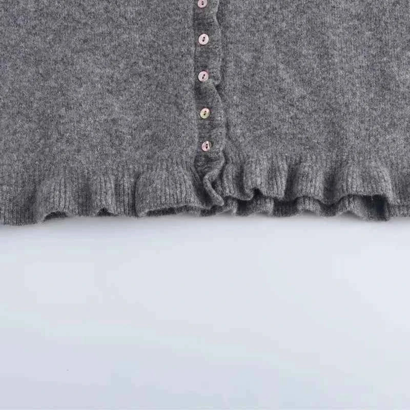 HXAO Sweater Cardigans Ruffle Long Sleeve Knitted Cardigan For Women Autumn Bolero Knitwears Button-Down Bluey Gray Cardigan