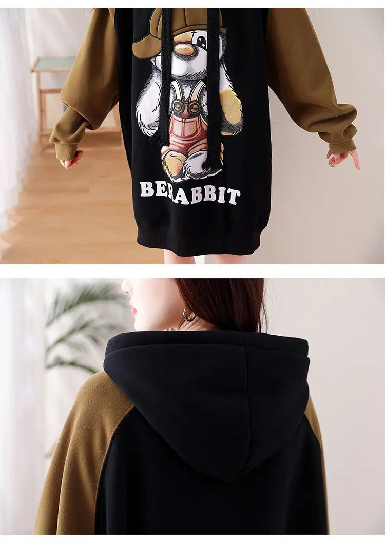 Winter Women Clothing Oversized Cartoon Fleece Dress New Hooded Drawstring Thicken Warm Female Casual Midi Long Sleeve Dresses
