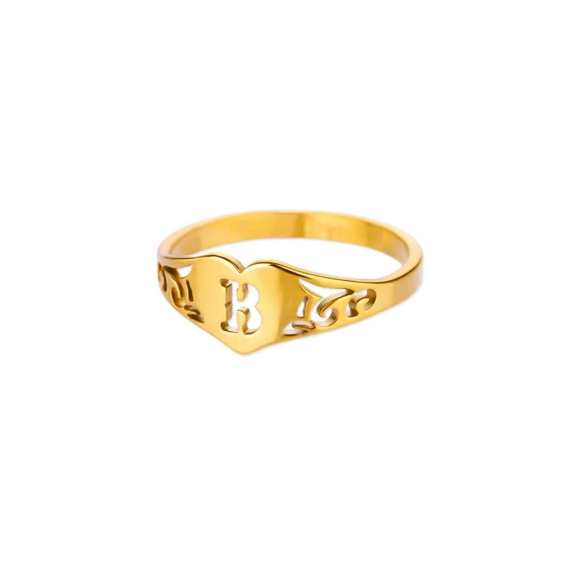 Fashion Hollow Initial Letter Heart Rings For Women Gold Color Stainless Steel A-Z Letter Ring Aesthetic Wedding Jewelry Gift