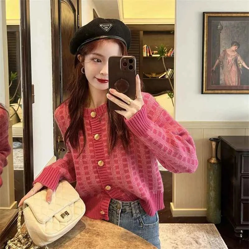 Y2k Pink Women Cardigan Korean Sweet Plaid Long Sleeve Female Sweaters Harajuku New O Neck Preppy Style Ladies Tops