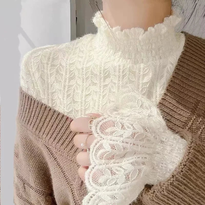 Lace Half Turtleneck Knitted Sweater Women Fall Winter Thick Warm Long Sleeve Pullover Korean Chic Slim Hollow Out Jumper New
