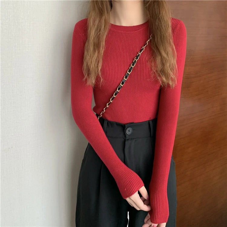 2026 New Women Sweater Autumn Winter Long Sleeve Pullover Basic Top Fashion O-neck Elastic Female Winter Solid Knitted Jumper