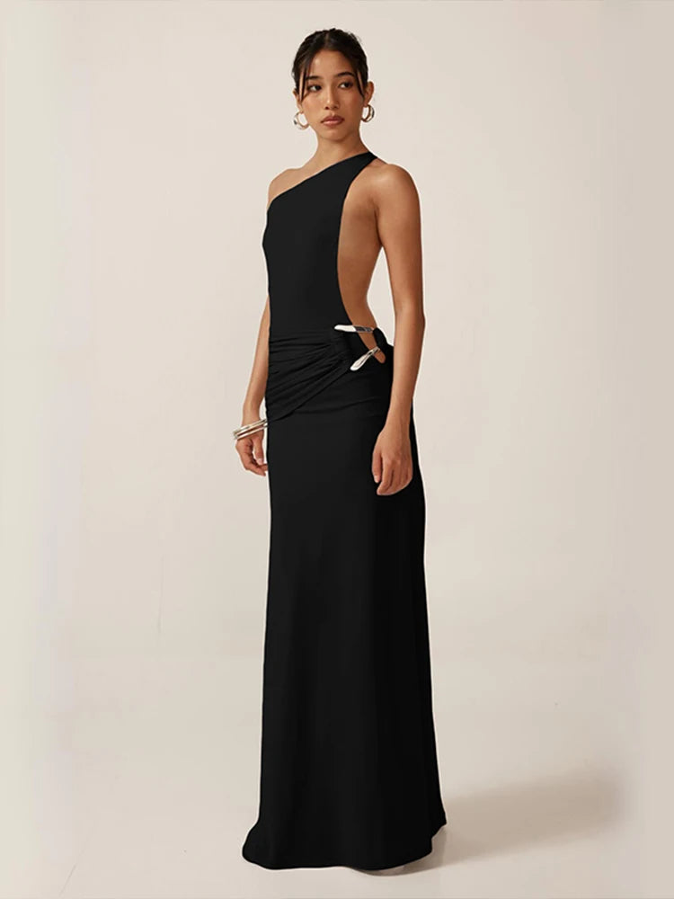Kliou High Street Women Dresses Concise Incline Shoulder Ribbons Backless Sheath Maxi Vestidos Female Elegant Holiday Trend Robe