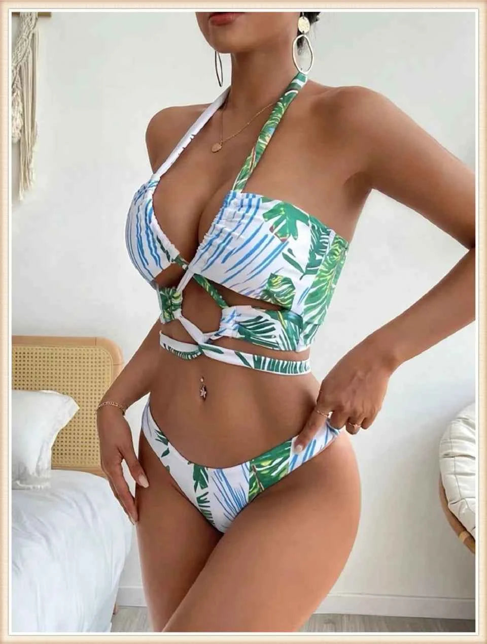3 Pieces Print Cross Bikini 2025 Women Sexy Halter Swimsuit & Cover Up Beach Dress Swimwear Bathers Bathing Swimming Suit Summer