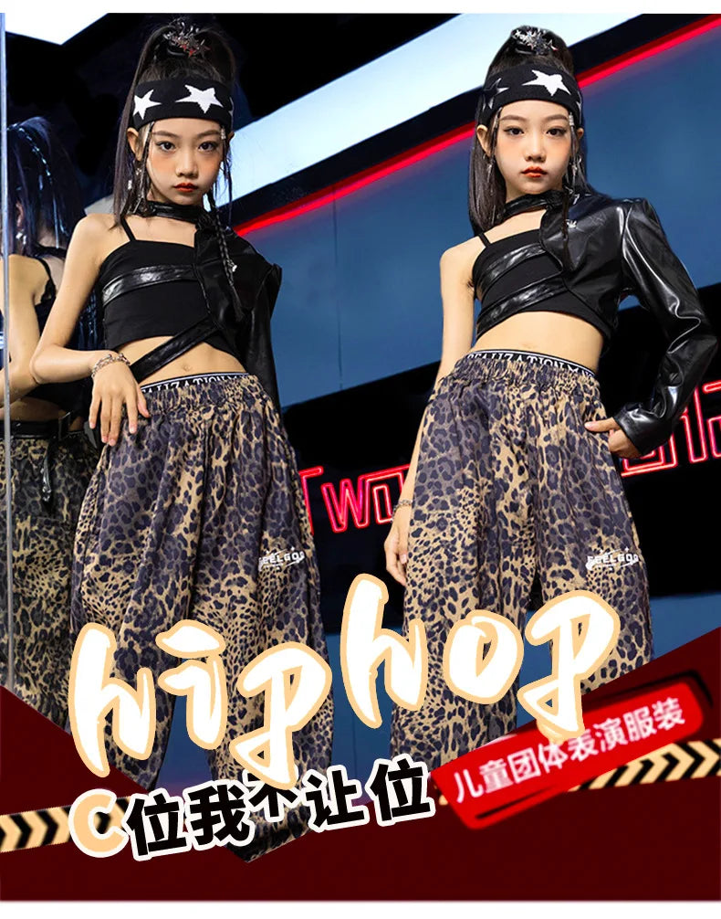 Kid Hip Hop Clothing T Shirt Crop Top Wine Red Arm Sleeve Faux Leather Casual Cargo Pants for Girl Jazz Dance Costumes Clothes
