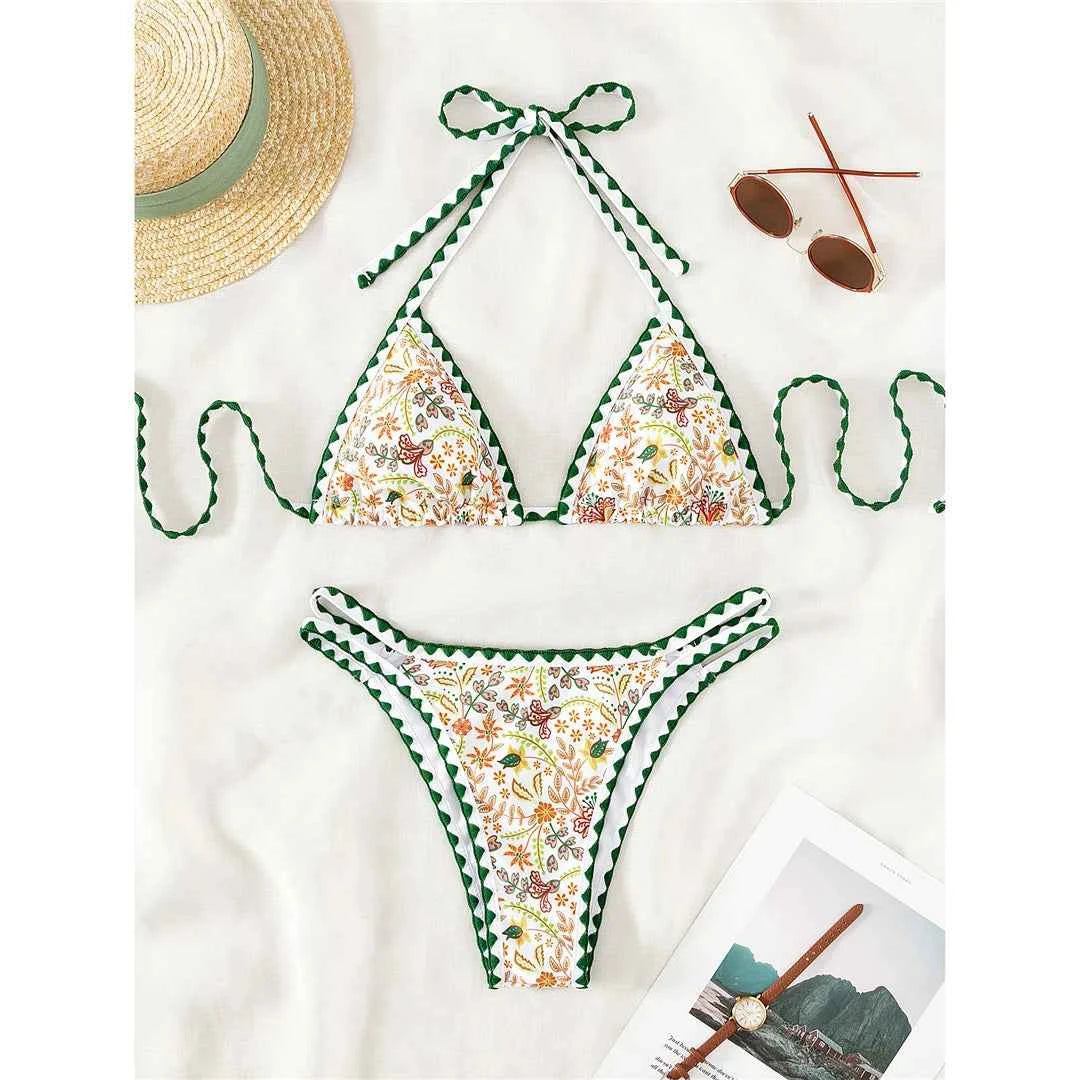 Sexy Flower Printed Halter Brazilian Bikini Female Swimsuit Women Swimwear Two-pieces Bikini set Bather Bathing Suit Swim K4997
