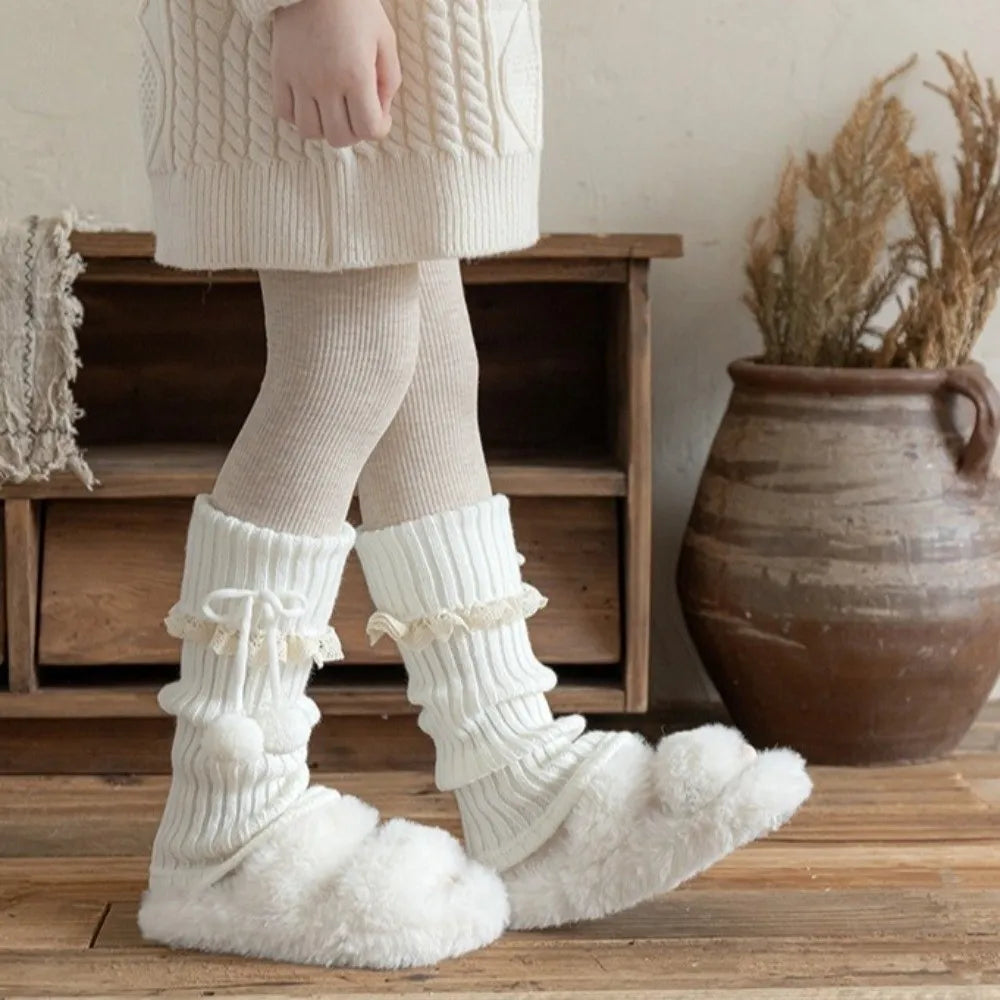 New Solid Color Leg Warmers Thickened Lolita Mid-Calf Sock Knitted Bow Pompom Hosiery Autumn and Winter