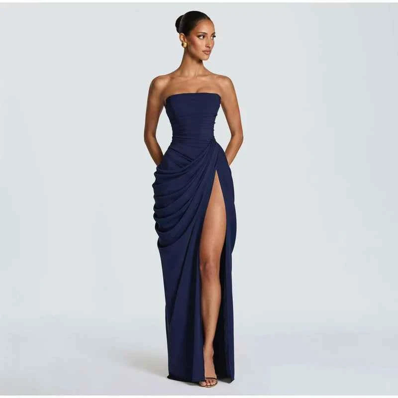 Lady Sexy Strapless Split Solid Pleated Dress Women Chic Backless High Waist Off-shoulder Dresses 2026 New Evening Party Gowns