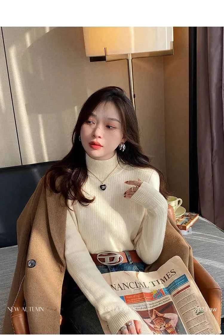 Women's Turtleneck Sweater Winter 2025 Retro with Velvet Lining Thickened Inner Wear Thermal Knitting Bottoming Shirt Pullovers