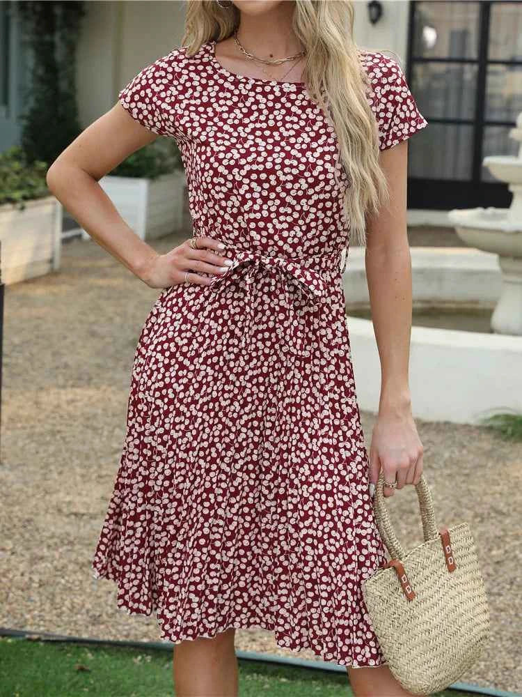 Ficusrong Fashion Floral Pleated A Line Long Dress Women Spring Summer Short Sleeve High Waist Chic Dress