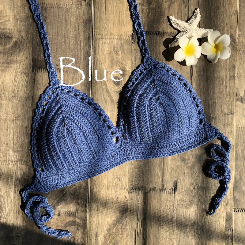 CROCHET BIKINI 2023 Sexy Top Handmade Knit Crochet Crop Top Women Summer Swimwear Camisoles Push Up Beach Tanks Halter Yoga Bras
