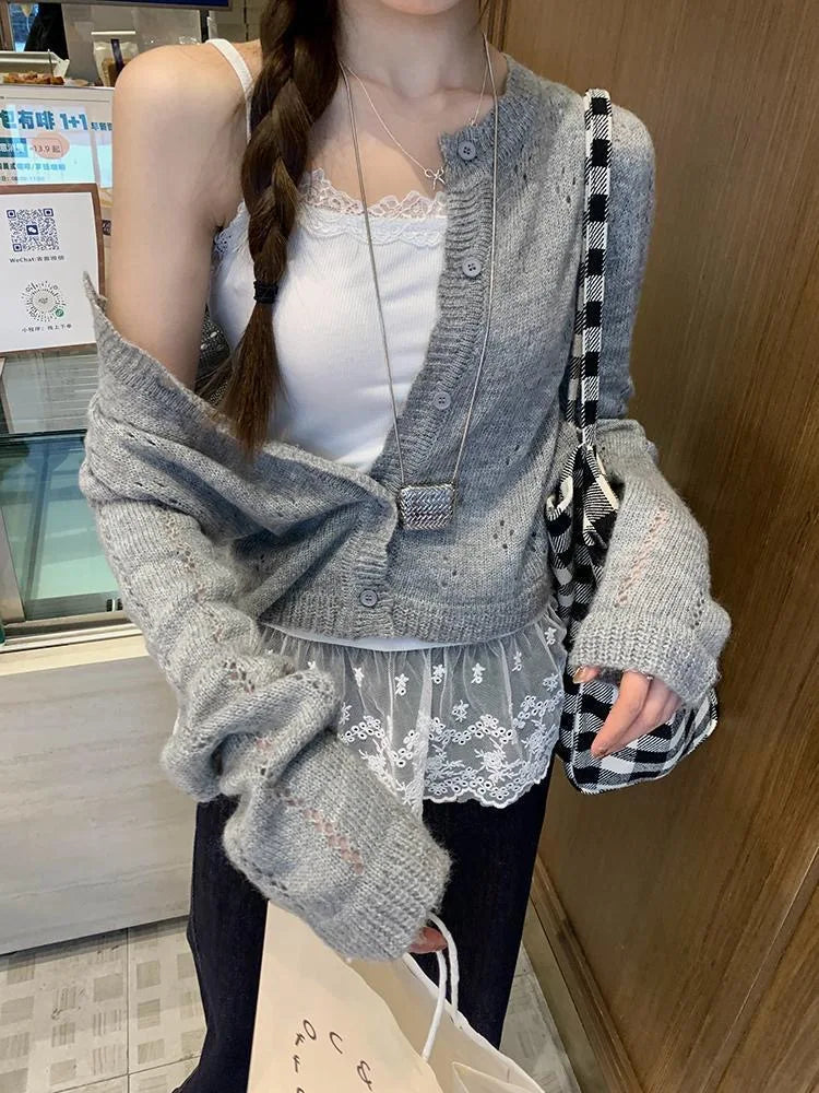 Lace Undershirt Ruffle Patchwork Hem Cami 2025 Sexy Top Women's Long Sleeveless T-Shirt Camisole Y2K Korean Gray Cotton Camis