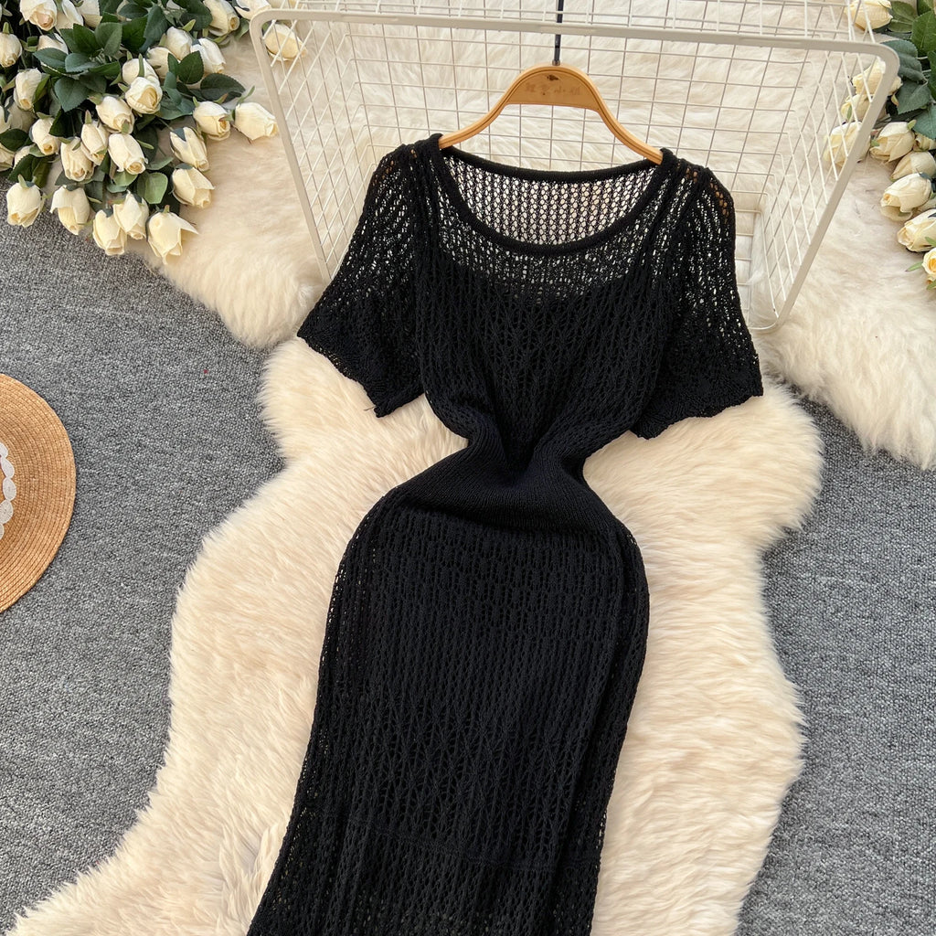 Women Hollow Knitted Dress Summer Flower Short Sleeved Fishtail Bodycon Dress with Camisole Dresses Vintage Party Long Robe