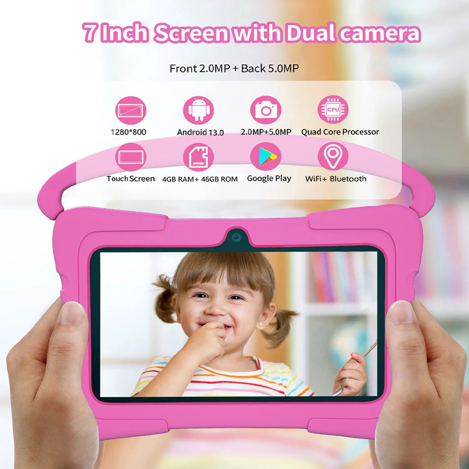 7 Inch Kid Tablet Android 13 Quad Core 4GB RAM 64GB ROM 4000mAh WiFi Bluetooth Children's Gift Kids Software with Silicone Case