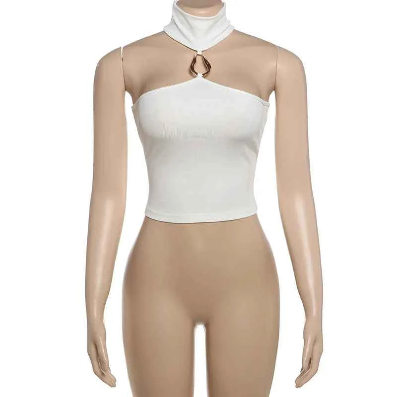 Metal Buckle Decoration Tank Tops Women Turtleneck Off Shoulder Skinny Stretch Street Fashion Wild Style Solid Outfits