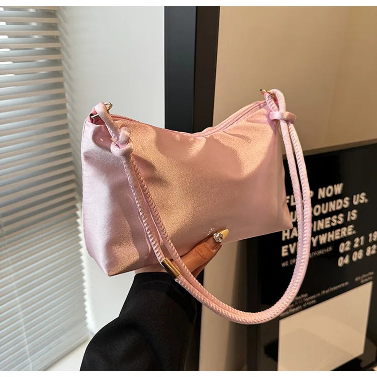 High Quality Solid Color Fashion Elegant Shoulder Bag Smooth Cloth Satin Underarm Bag Leisure Shoulder Bag Lady Handbags Purse