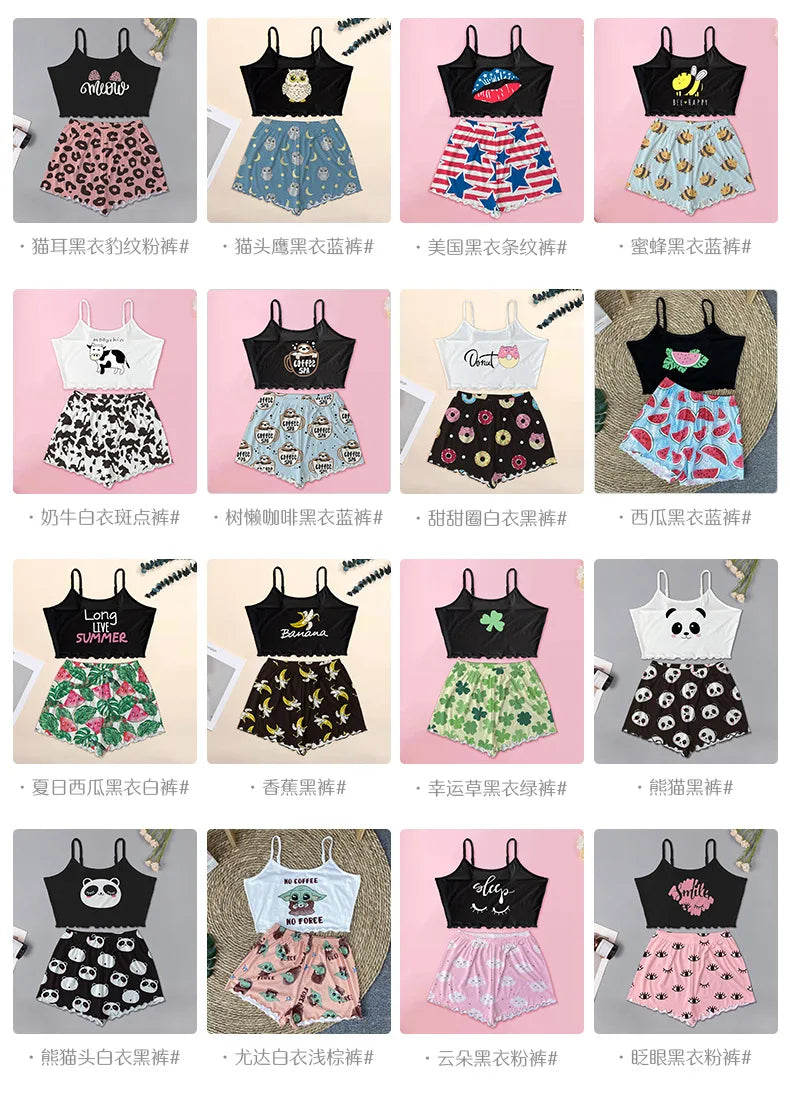Summer Silk Satin Pyjama Pajamas for Women Sexy Sleepwear Sling Top Shorts Pajama Set Cartoon Pattern Printing 2-Piece Homewear