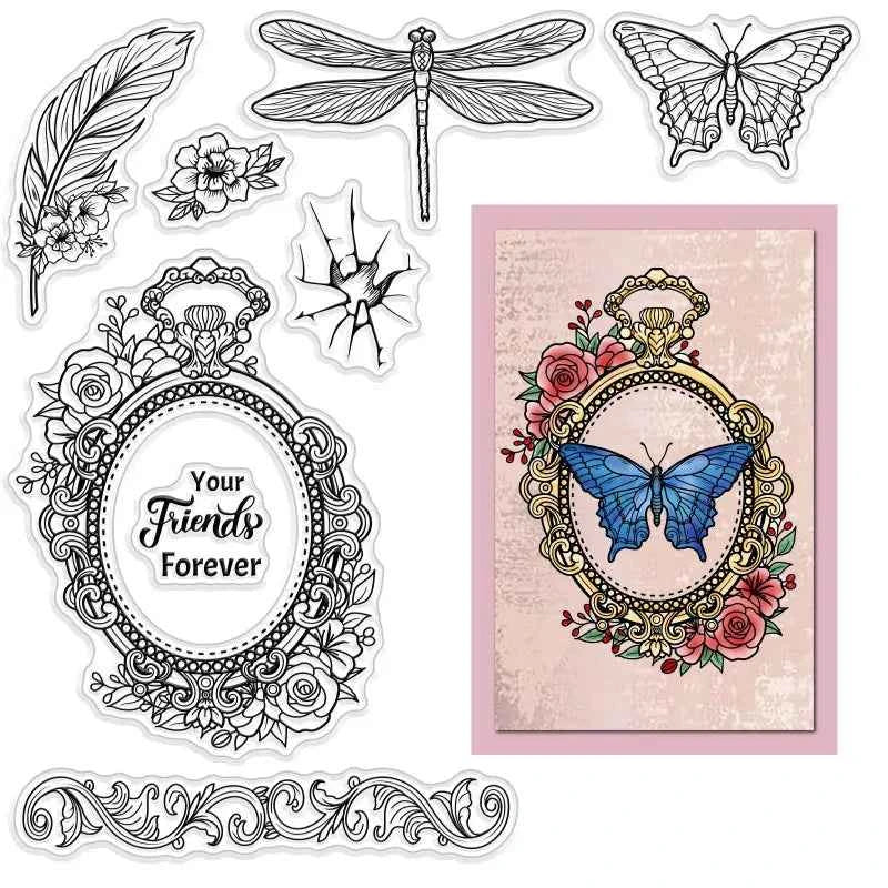 1pc Vintage Butterfly Text Clear Rubber Stamps for Journaling Card DIY Scrapbooking Photo Frame Album Decor 6.3 x 4.3inch