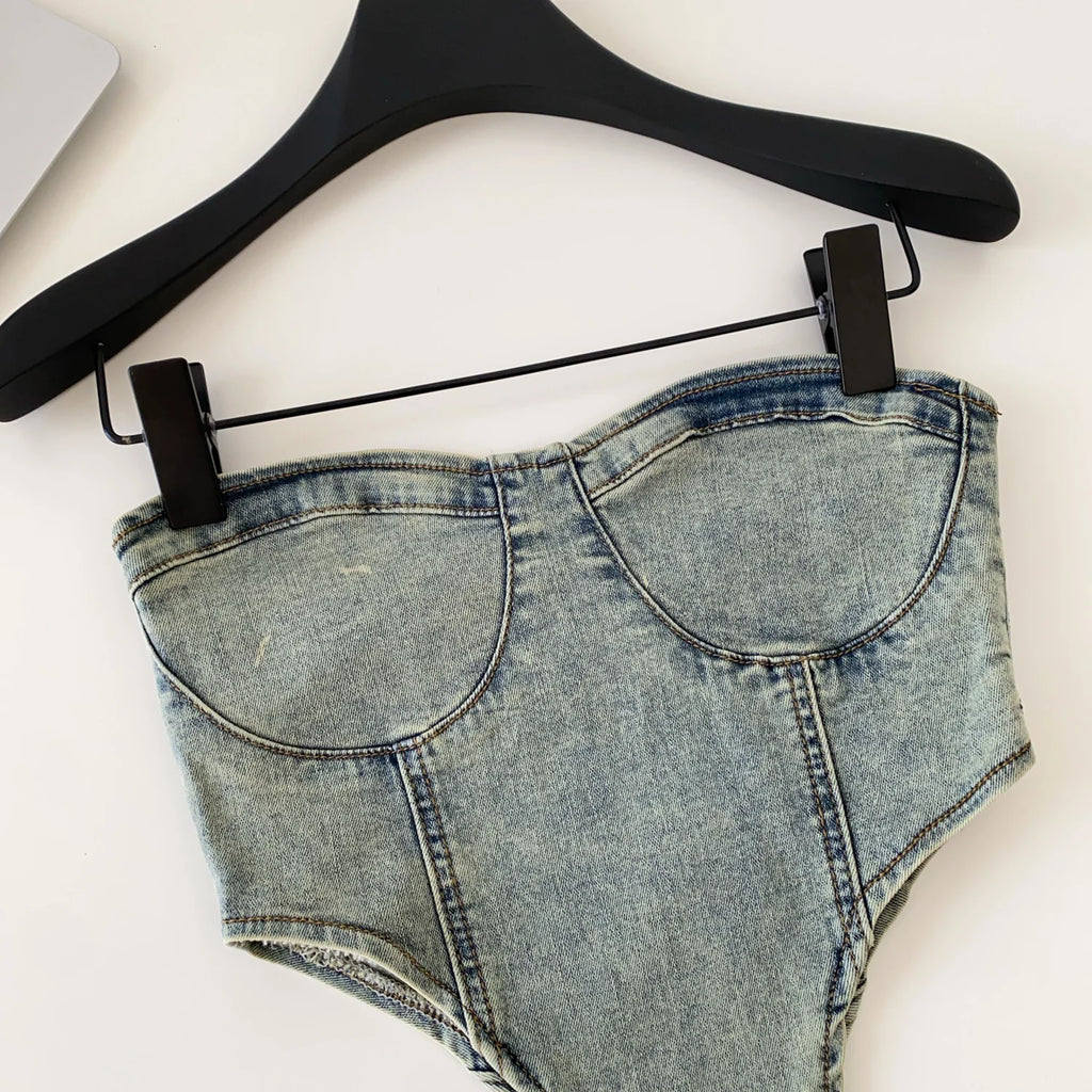 SINGREINY Hot Girl American Retro Sexy Top Female 2026 Minimalist Sleeveless Edgy Beach Bodysuit Strapless 1950s Denim Tank Top
