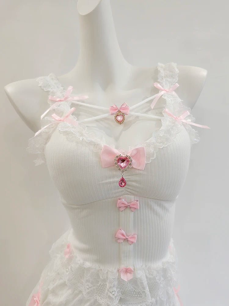 Sweet Crop Top Women Lace Trim Cotton Cropped Bows Bead Decoration Pink White Cute Camis Sweet Girls Lolita Style Kawaii Clothes