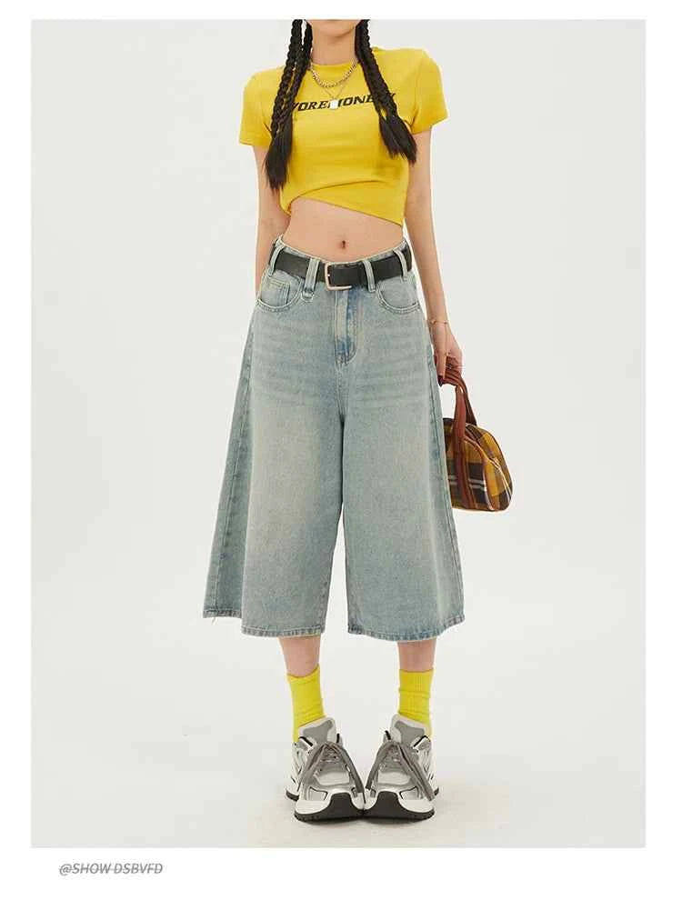 Fashion Harajuku Vintage High Waist 2000S Blue Denim Shorts Women's Casual Loose Fit Y2K Punk Streetwear Style Baggy Shorts